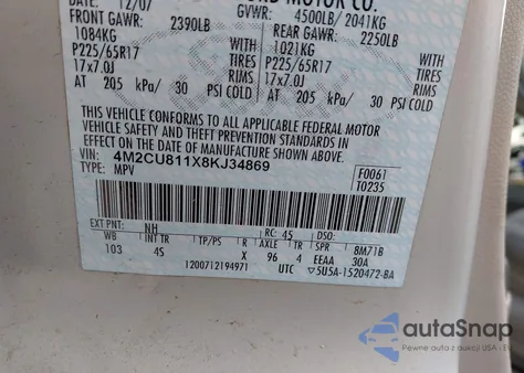 2008 Mercury Mariner V6 z USA, uszkodzony, nr VIN 4M2CU811X8KJ34869